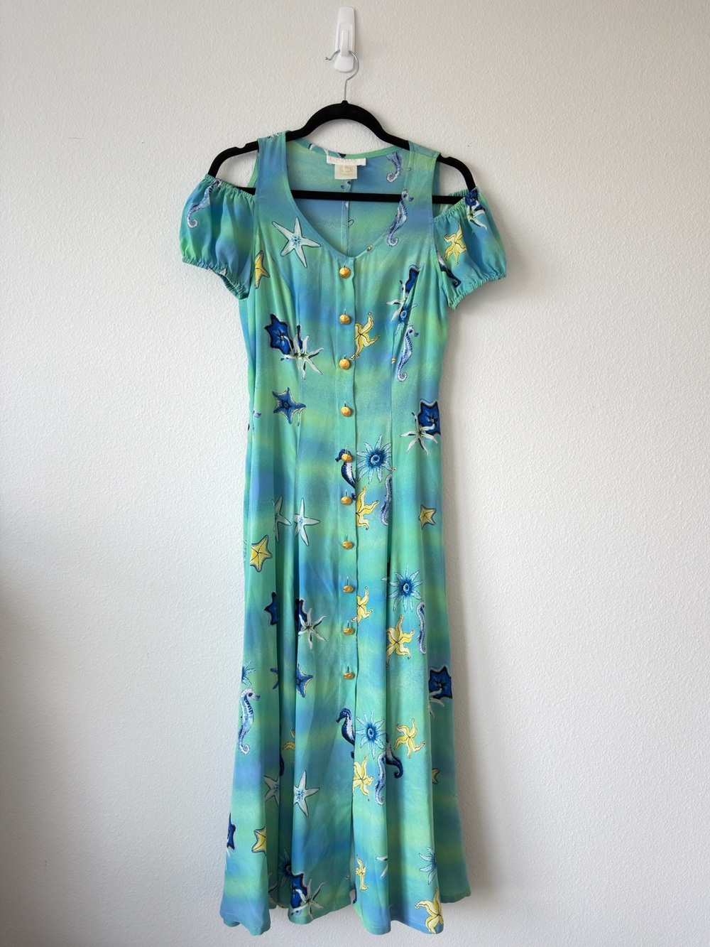 RARE Vintage Escada Seafoam Blue Ocean Print 100% Silk Maxi Dress